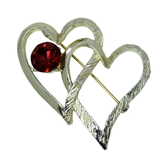 Vintage Red Crystal Double Heart Brooch 2" Valentine Love Silver Tone - Picture 14 of 15